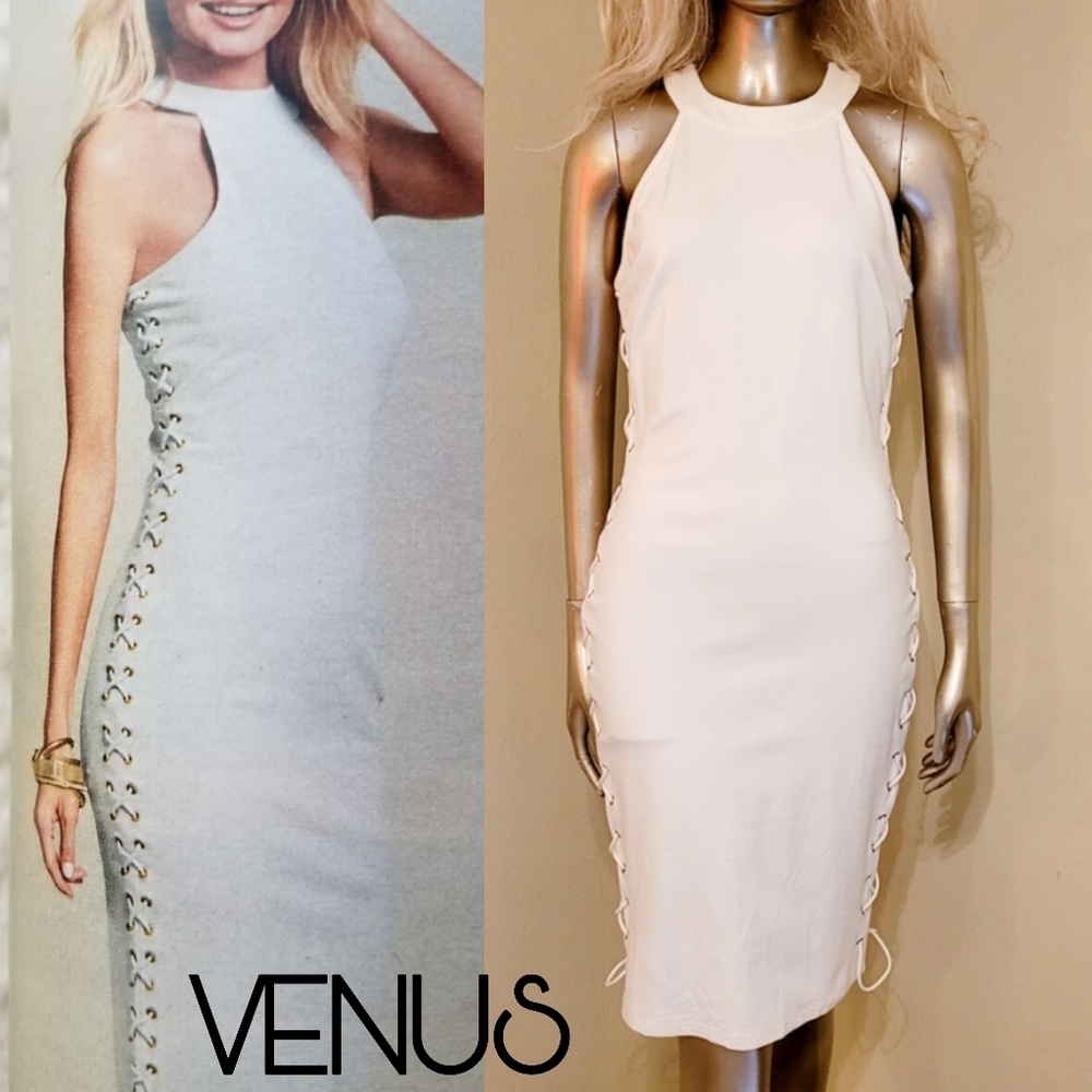 Venus White Side Lace-up Mock Neck Bodycon Midi Dress Sz 8